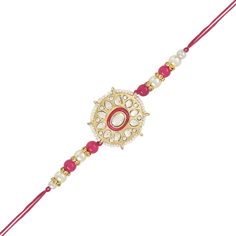 Etnico I Jewels Rakshabandhan Designer Handcrafted Pearl & Kundan Bhaiya Rakhi With Roli Chawal for Brother/Bro/Men (R105G-Q-Bl)