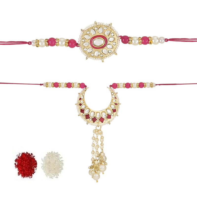 Etnico I Jewels Designer Kundan & Pearl Hanging Bhaiya Bhabhi Lumba Rakhi Combo Set with Roli Chawal and Rakshabandhan Card (R105Q-CO)