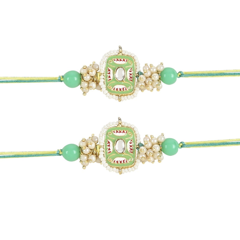 Etnico I Jewels Pearl & Kundan Designer Bhaiya Rakhi With Roli Chawal for Brother/Bro/Men with Rakshabandhan Card (R106Min-2)(Pack of 2)