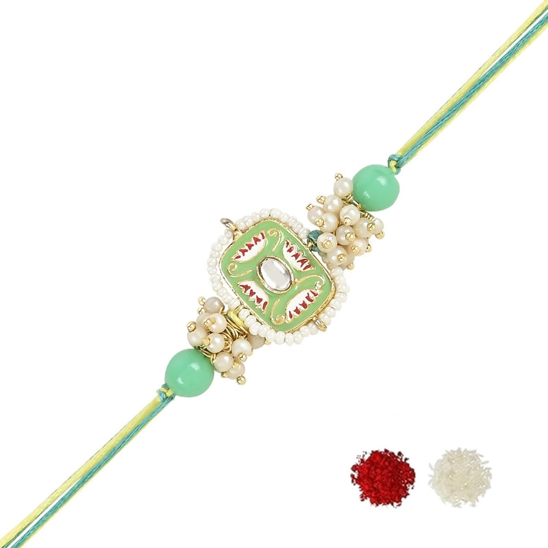 Etnico I Jewels Pearl & Meenakari Designer Bhaiya Rakhi With Roli Chawal for Brother/Bro/Men with Rakshabandhan Card (R106Min)