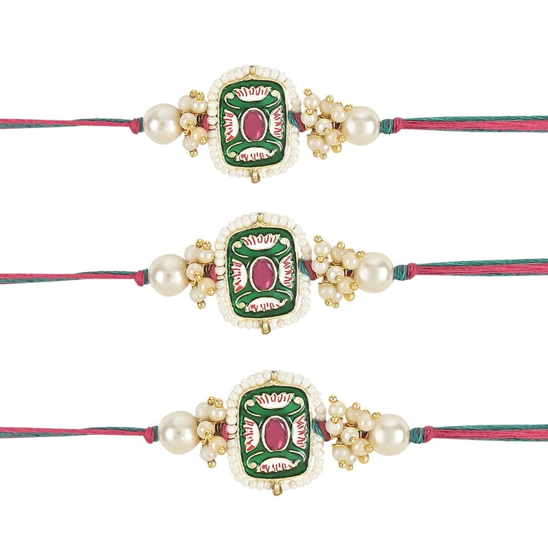 Etnico I Jewels Pearl & Kundan Designer Bhaiya Rakhi With Roli Chawal for Brother/Bro/Men with Rakshabandhan Card (R106Mul-3) (Pack of 3)