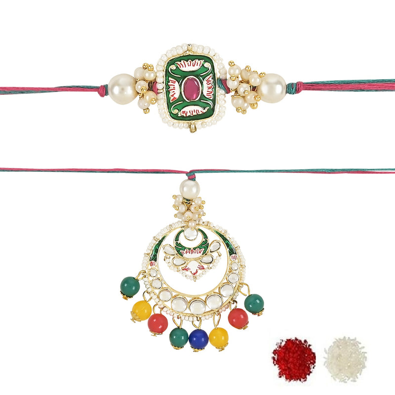 Etnico I Jewels Designer Kundan & Pearl Hanging Bhaiya Bhabhi Lumba Rakhi Combo Set with Roli Chawal and Rakshabandhan Card (R106Mul-CO)