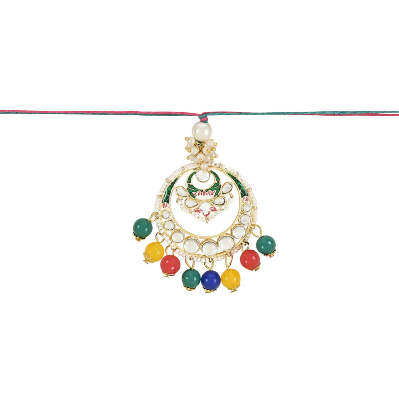 Etnico I Jewels Designer Kundan & Pearl Hanging Bhaiya Bhabhi Lumba Rakhi Combo Set with Roli Chawal and Rakshabandhan Card (R106Mul-CO)