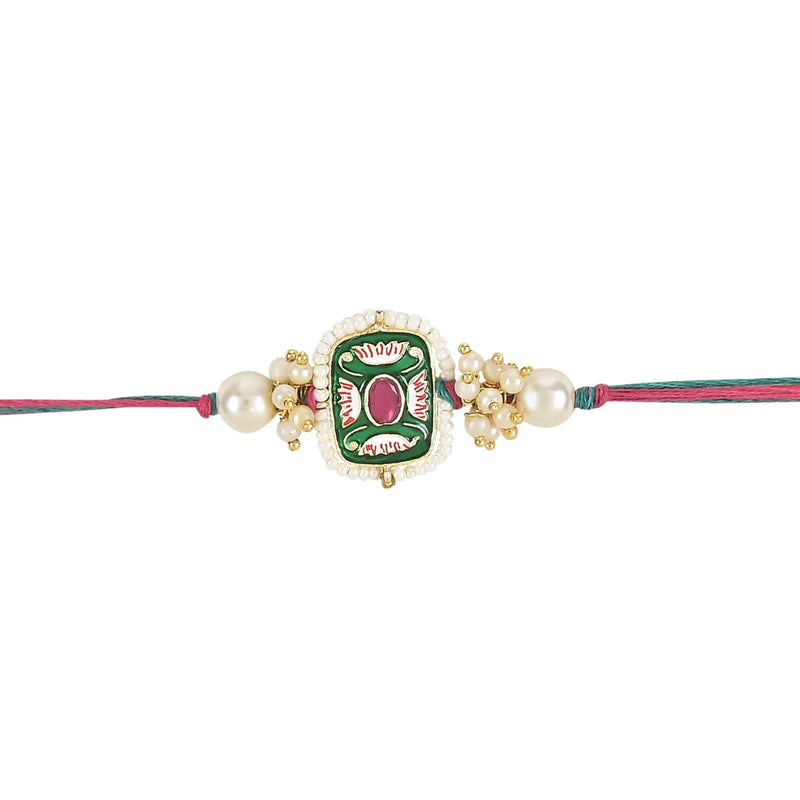 Etnico I Jewels Pearl & Meenakari Designer Bhaiya Rakhi With Roli Chawal for Brother/Bro/Men with Rakshabandhan Card (R106Mul)