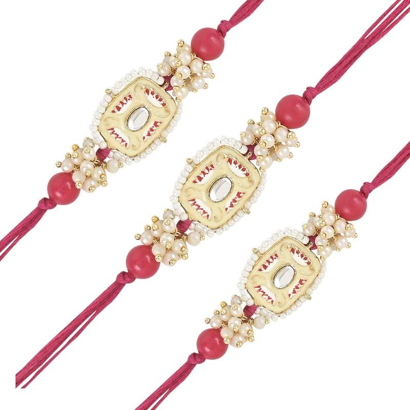 Etnico I Jewels Pearl & Kundan Designer Bhaiya Rakhi With Roli Chawal for Brother/Bro/Men with Rakshabandhan Card (R106Q-3) (Pack of 3)