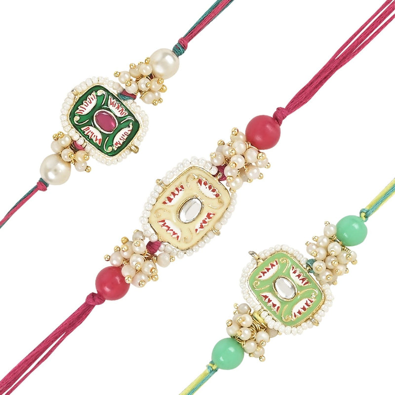 Etnico I Jewels Pearl & Kundan Designer Bhaiya Rakhi With Roli Chawal for Brother/Bro/Men with Rakshabandhan Card (R106Q-Min-Mul) (Pack of 3)