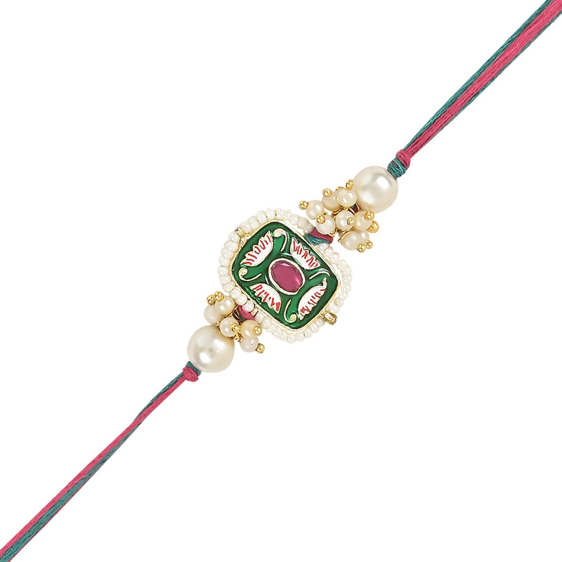 Etnico I Jewels Pearl & Kundan Designer Bhaiya Rakhi With Roli Chawal for Brother/Bro/Men with Rakshabandhan Card (R106Q-Min-Mul) (Pack of 3)