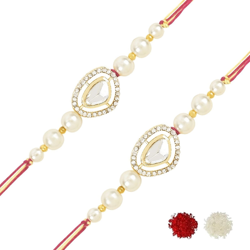 Etnico I Jewels Pearl & Kundan Designer Bhaiya Rakhi With Roli Chawal for Brother/Bro/Men with Rakshabandhan Card (R107W-2) (Pack of 2)