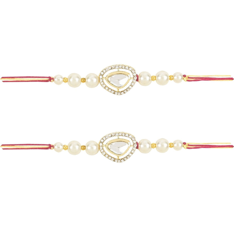 Etnico I Jewels Pearl & Kundan Designer Bhaiya Rakhi With Roli Chawal for Brother/Bro/Men with Rakshabandhan Card (R107W-2) (Pack of 2)