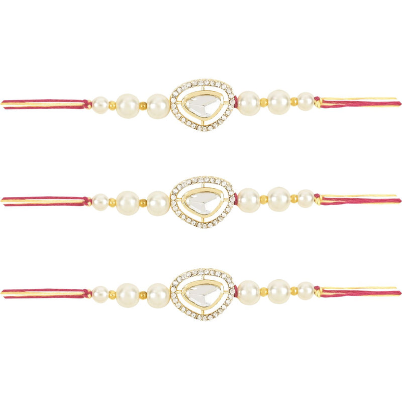 Etnico I Jewels Pearl & Kundan Designer Bhaiya Rakhi With Roli Chawal for Brother/Bro/Men with Rakshabandhan Card (R107W-3)(Pack of 3)