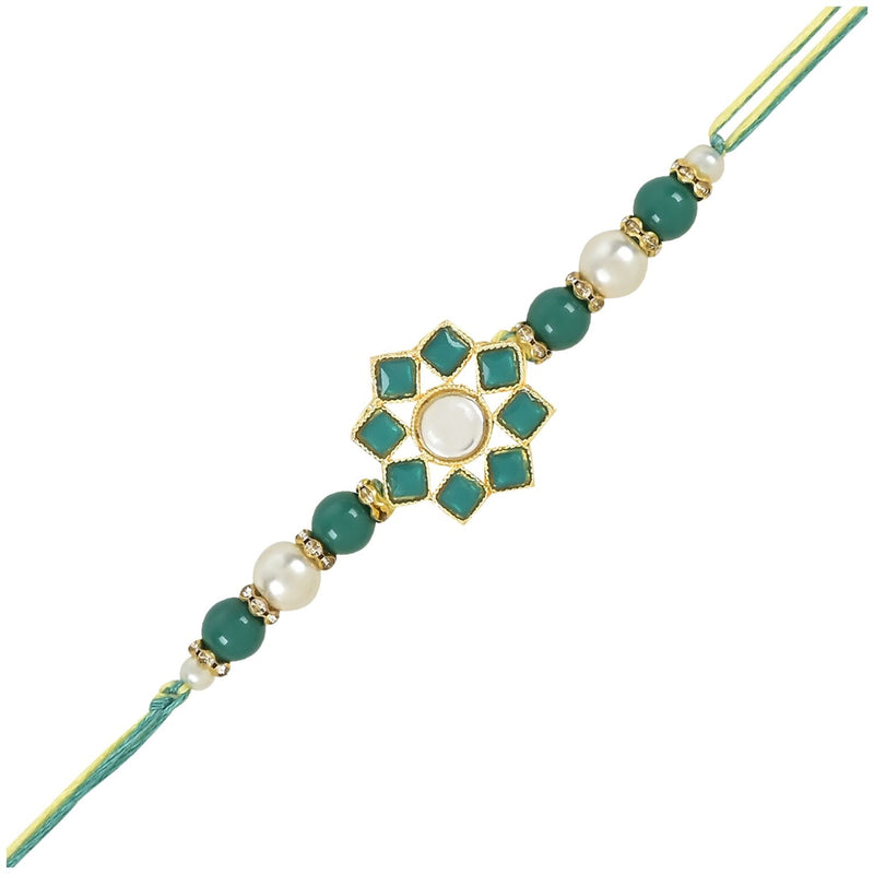 Etnico I Jewels Pearl & Kundan Designer Bhaiya Rakhi With Roli Chawal for Brother/Bro/Men with Rakshabandhan Card (R108G)