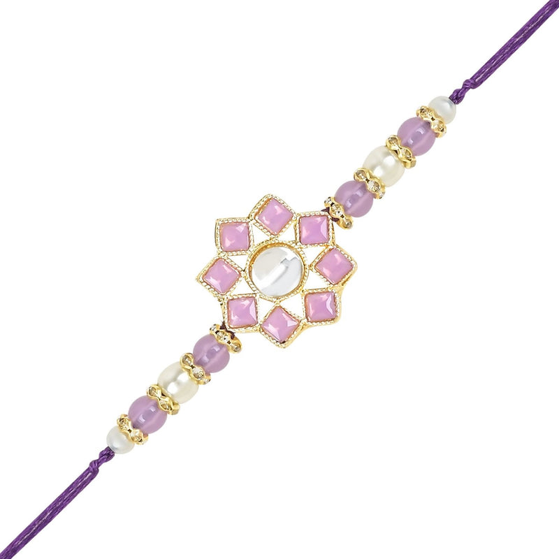 Etnico I Jewels Pearl & Kundan Designer Bhaiya Rakhi With Roli Chawal for Brother/Bro/Men with Rakshabandhan Card (R108Pu)