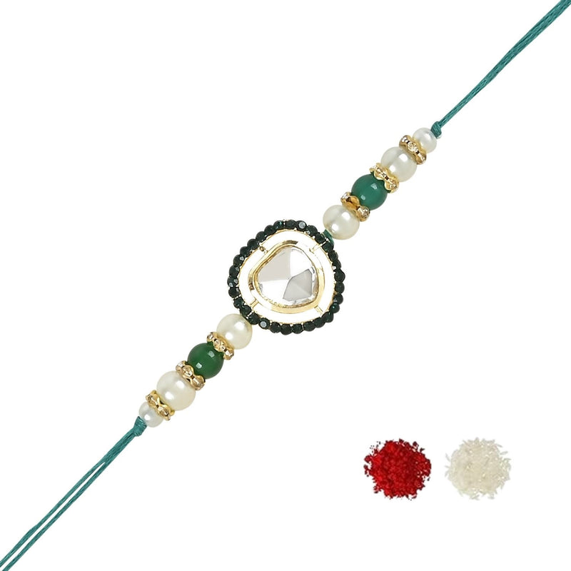 Etnico I Jewels Pearl & Kundan Designer Bhaiya Rakhi With Roli Chawal for Brother/Bro/Men with Rakshabandhan Card (R109G)