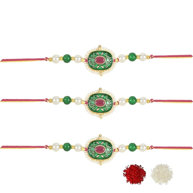 Etnico I Jewels Pearl & Meenakari Designer Bhaiya Rakhi With Roli Chawal for Brother/Bro/Men with Rakshabandhan Card (R110G-3) (Pack of 3)