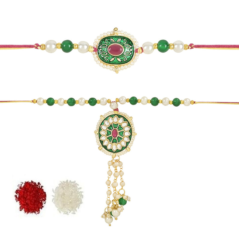 Etnico I Jewels Designer Meenakari & Pearl Hanging Bhaiya Bhabhi Lumba Rakhi Combo Set with Roli Chawal and Rakshabandhan Card (R110G-CO)