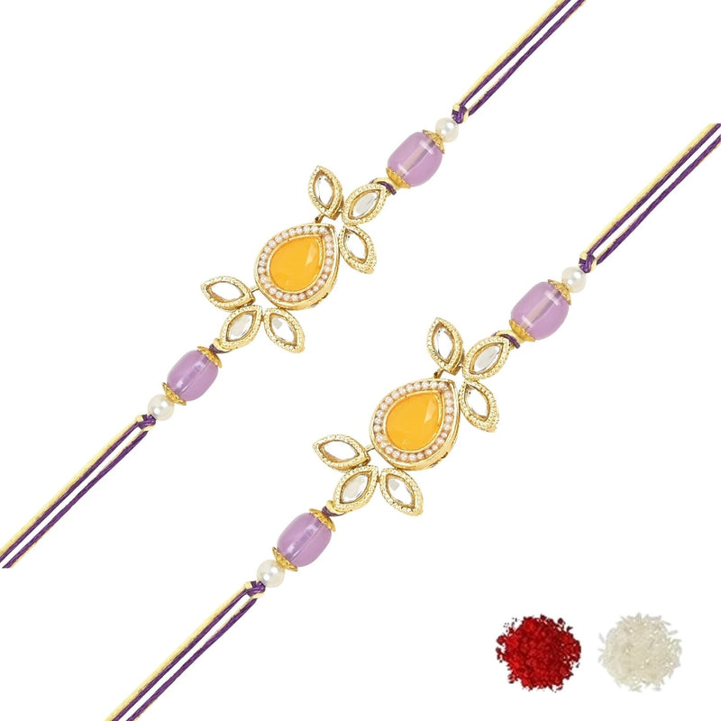 Etnico I Jewels Pearl & Kundan Designer Bhaiya Rakhi With Roli Chawal for Brother/Bro/Men with Rakshabandhan Card (R111Pu-2) (Pack of 2)