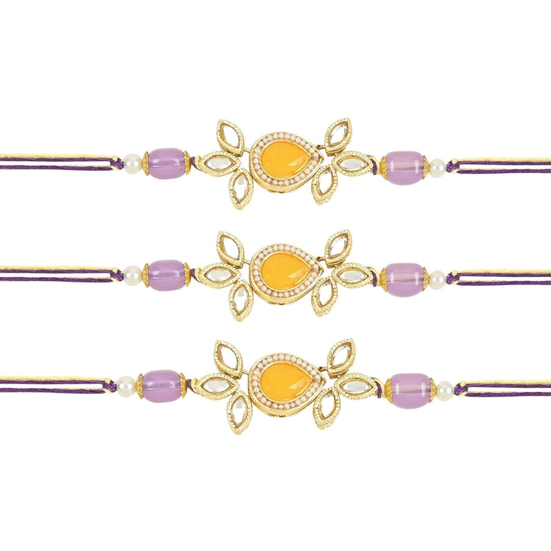 Etnico I Jewels Pearl & Kundan Designer Bhaiya Rakhi With Roli Chawal for Brother/Bro/Men with Rakshabandhan Card (R111Pu-3) (Pack of 3)