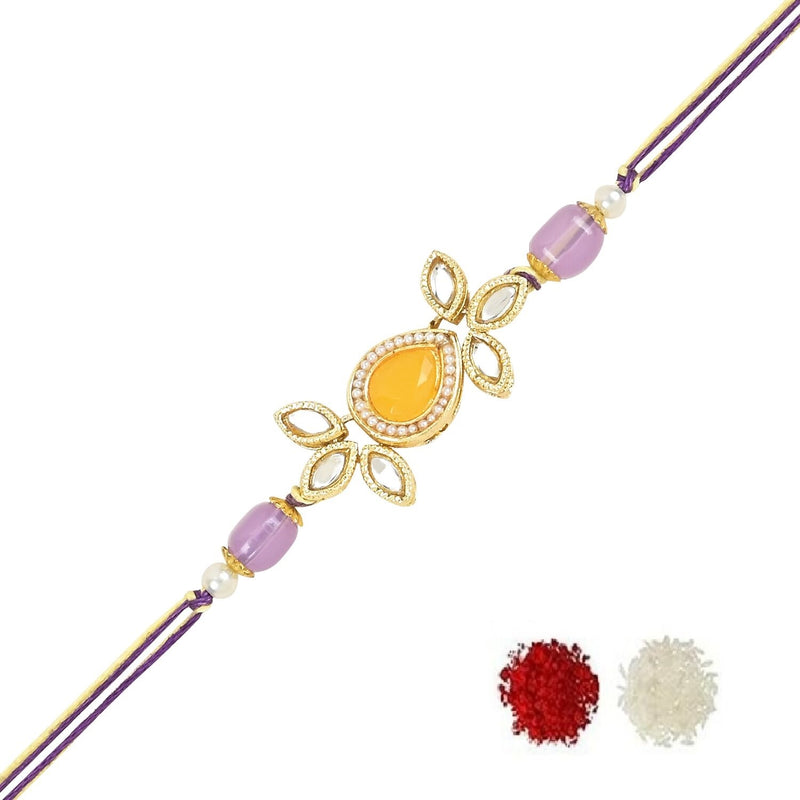 Etnico I Jewels Pearl & Kundan Designer Bhaiya Rakhi With Roli Chawal for Brother/Bro/Men with Rakshabandhan Card (R111Pu)