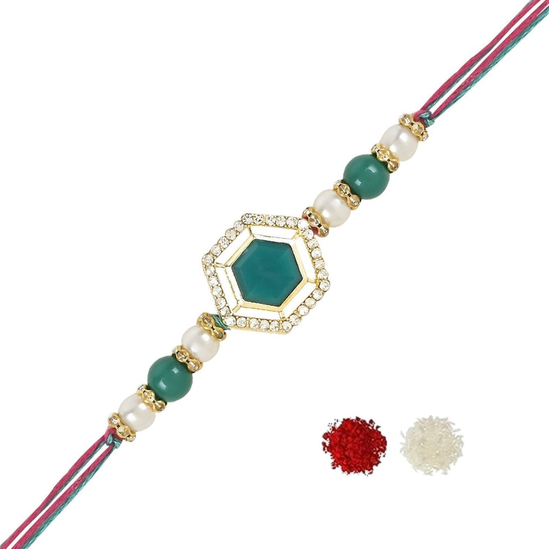 Etnico I Jewels Pearl & Kundan Designer Bhaiya Rakhi With Roli Chawal for Brother/Bro/Men with Rakshabandhan Card (R113G)