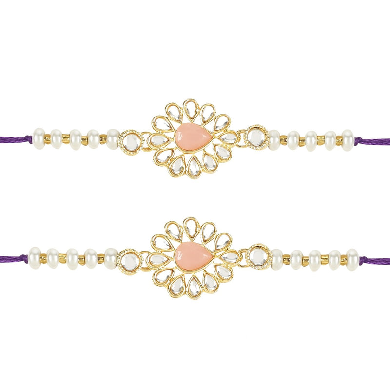 Etnico I Jewels Pearl & Kundan Designer Bhaiya Rakhi With Roli Chawal for Brother/Bro/Men with Rakshabandhan Card (R118Pe-2) (Pack of 2)