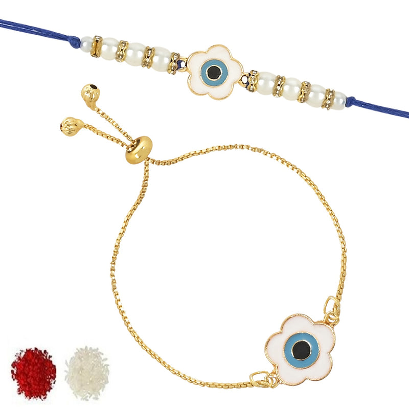 Etnico I Jewels Rakshabandhan Enamel Floral Shape Evil Eye Bhaiya Bhabhi Lumba Rakhi Combo Set With Roli Chawal (R125-CO)