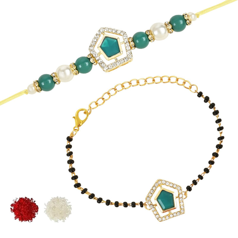 Etnico I Jewels Elegant Kundan Stone Bhaiya Bhabhi Mangalsutra Bracelet Rakhi Set With Roli Chawal & Rakshabandhan Card For Brother/Bro/Men (R135-CO)