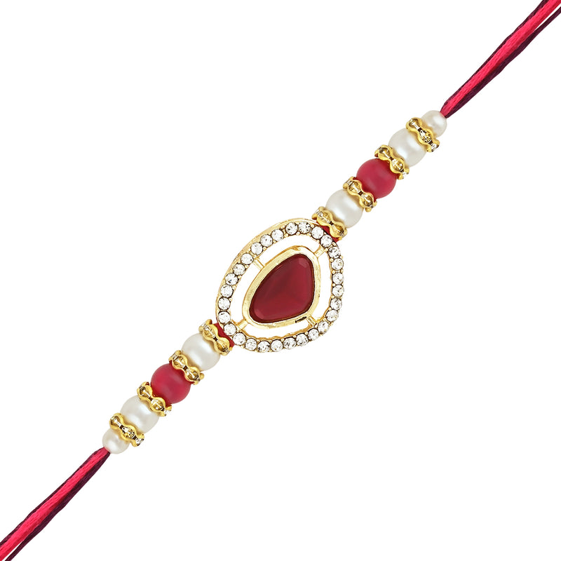 Etnico I Jewels Designer Kundan & Pearl Hanging Bhaiya Bhabhi Lumba Rakhi Set with Roli Chawal and Rakshabandhan Card (R141R-CO)