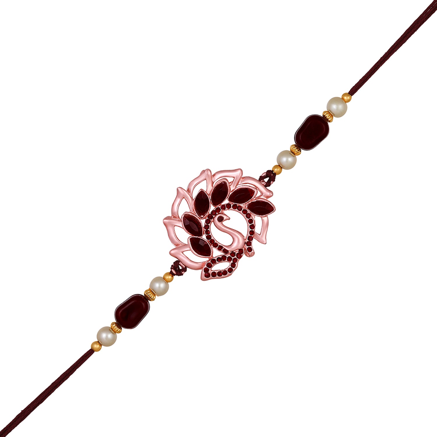 Mahi Rose Gold Plated Peacock Shaped Rakhi with Maroon Crystals for Bhai / Brother (RA1100719ZMar)