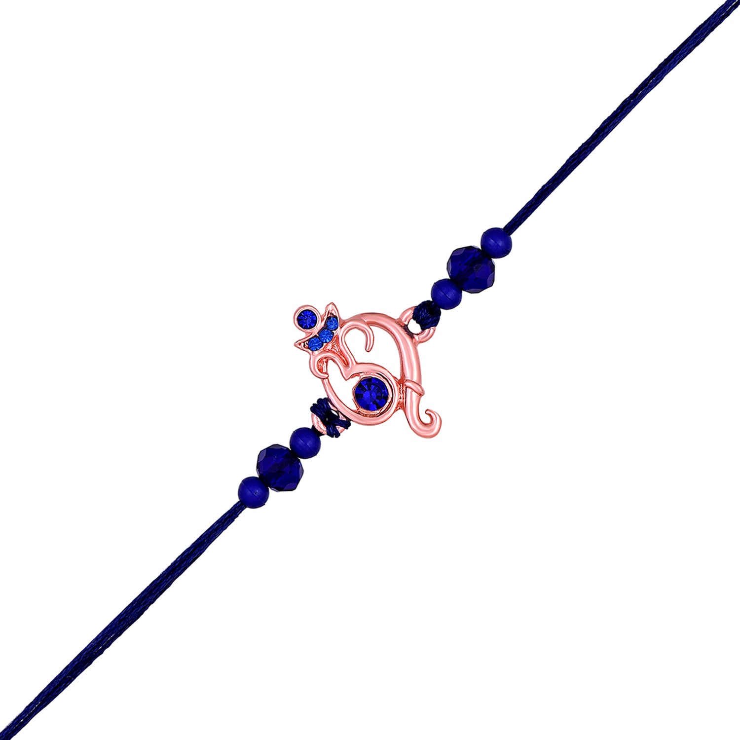 Mahi Rose Gold Plated Om and Ganpati Rakhi with Blue Crystals for Bhai (RA1100722ZBlu)