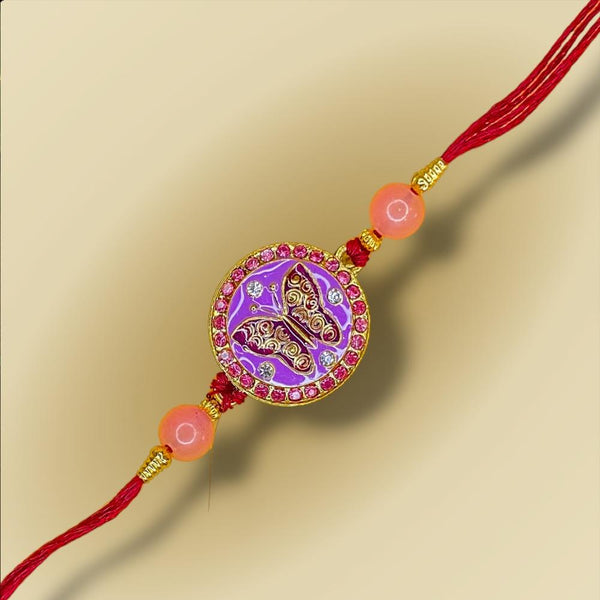 Mahi Meenakari Work Enamel Round and Butterfly-Shaped Rakshabandhan Rakhi with Crystals for Brother, Bhai, Bro (RA1100747G)