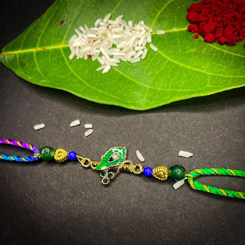 Mahi Krishna Flute, Meena Work Peacock Feather-Shaped Rakshabandhan Rakhi with Crystals for Brother, Bhai, Bro (RA1100749G)