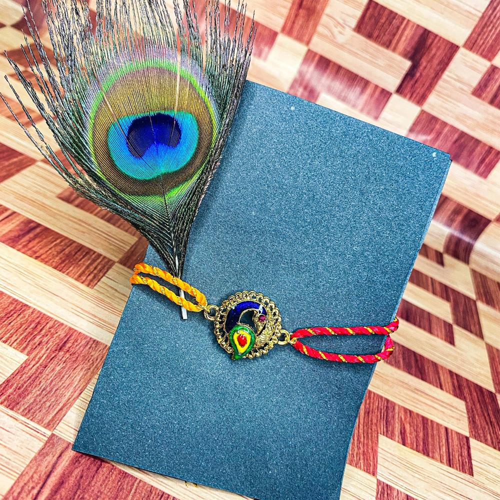 Mahi Meenakari Enamel Peacock-Shaped Fancy Rakshabandhan Rakhi with Crystals for Brother, Bhai, Bro (RA1100758G)
