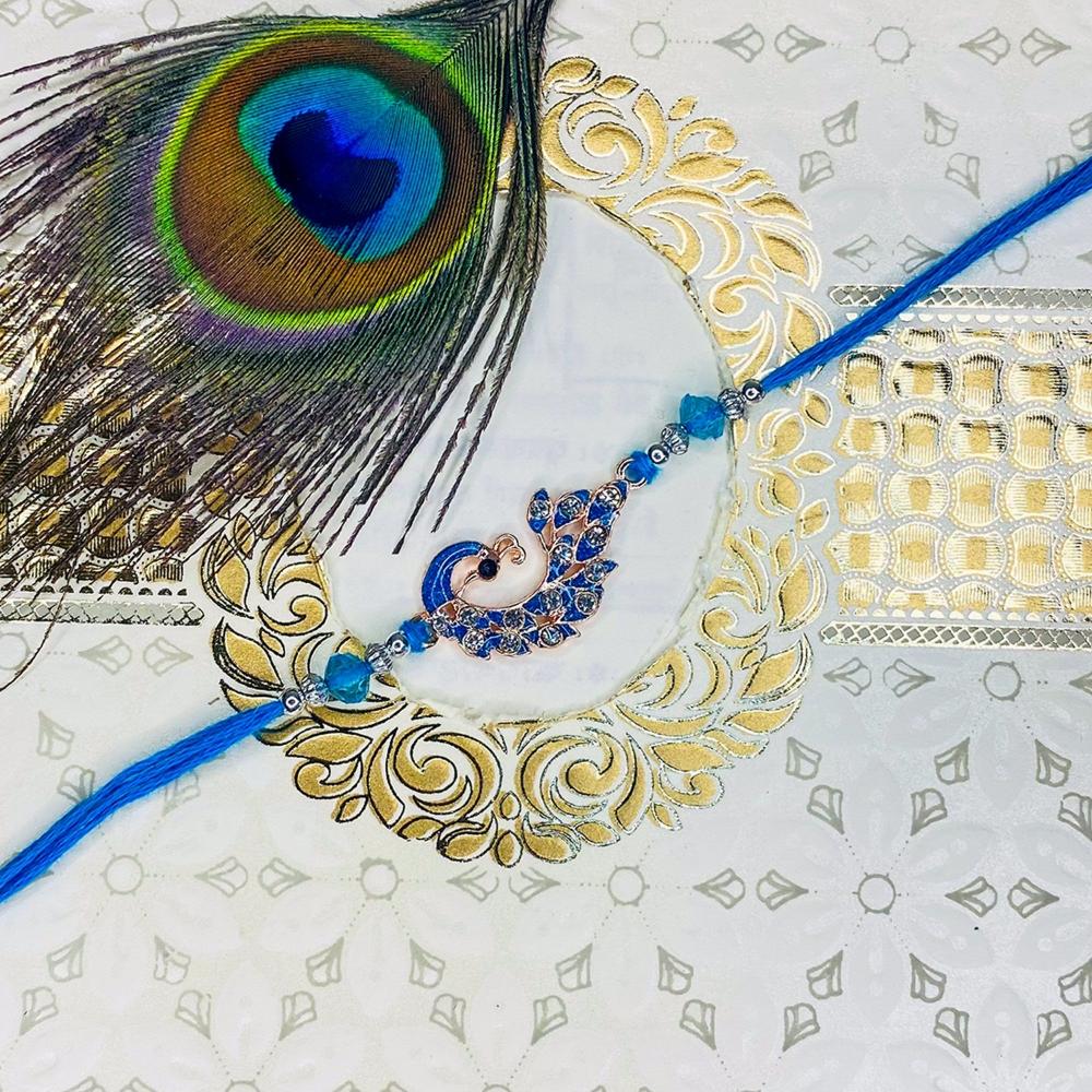 Mahi Rose Gold Plated Blue Glossy Meenakari Work Peacock-Shaped Fancy Rakhi with Crystals for Brother, Bhai, Bro (RA1100762Z)