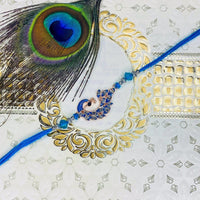 Mahi Rose Gold Plated Blue Glossy Meenakari Work Peacock-Shaped Fancy Rakhi with Crystals for Brother, Bhai, Bro (RA1100762Z)