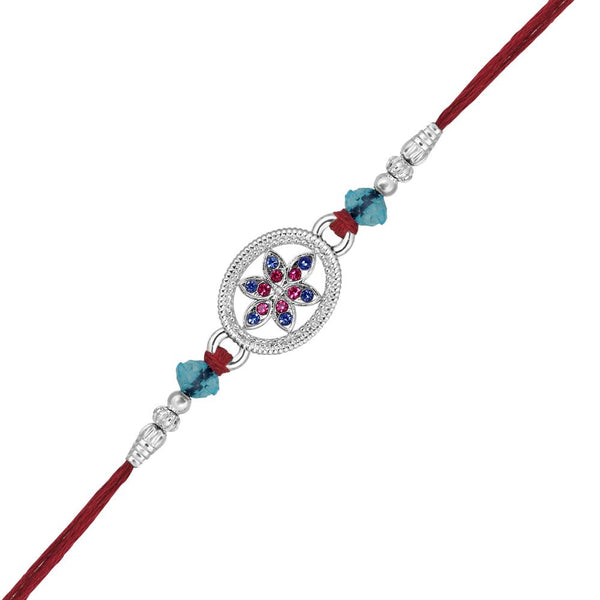 Mahi Rhodium Plated Blue and Pink Crystals Floral Rakhi for Brother, Bhai, Bro (RA1100774RMul)