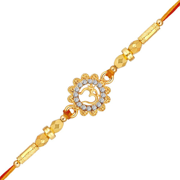 Mahi Gold Plated Floral and OM Engraved Rakhi with White Shiny Crystals for Brother, Bhai, Bro (RA1100775G)