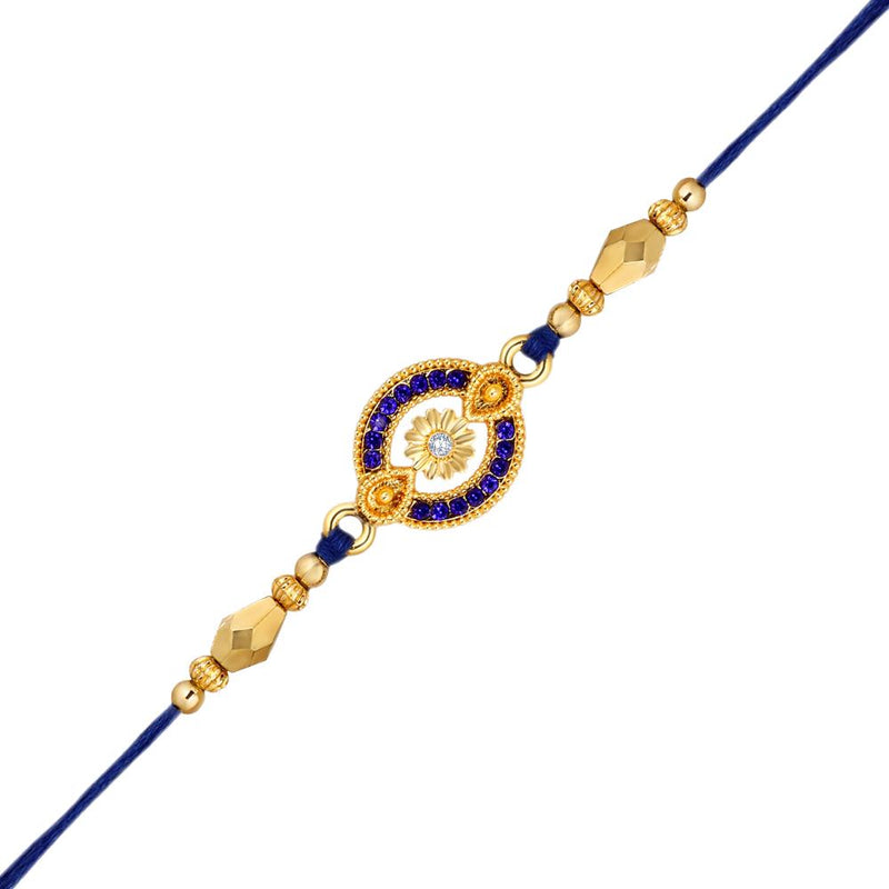 Mahi Gold Plated Blue and White Crystals Floral Rakhi for Brother, Bhai, Bro (RA1100777GBlu)