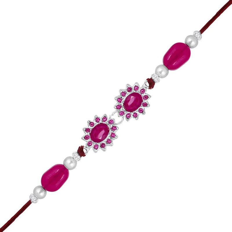 Mahi Gold Plated Pink Crystals Floral Rakhi for Bhaiya, Brother, Bhai, Bro (RA1100788RPin)