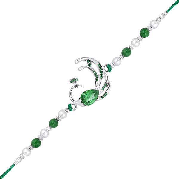 Mahi Rhodium Plated Peacock-Shaped Green Crystals Rakhi for Bhaiya, Brother, Bhai, Bro (RA1100792RGre)