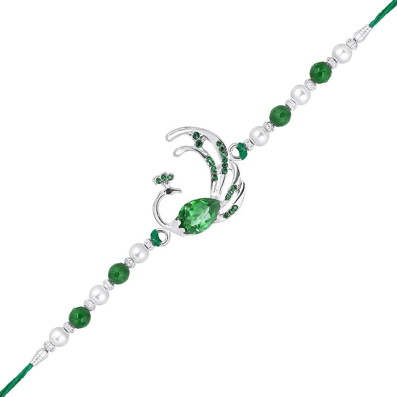 Mahi Rhodium Plated Peacock-Shaped Green Crystals Rakhi for Bhaiya, Brother, Bhai, Bro (RA1100792RGre)