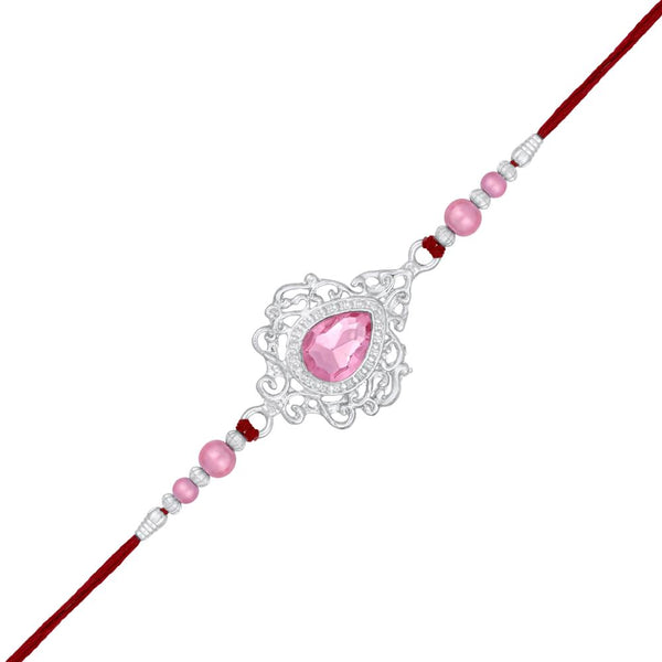 Mahi Rhodium Plated Pink Crystals Studded Simple and Classic Rakhi for Bhaiya, Brother, Bhai, Bro (RA1100798RPin)