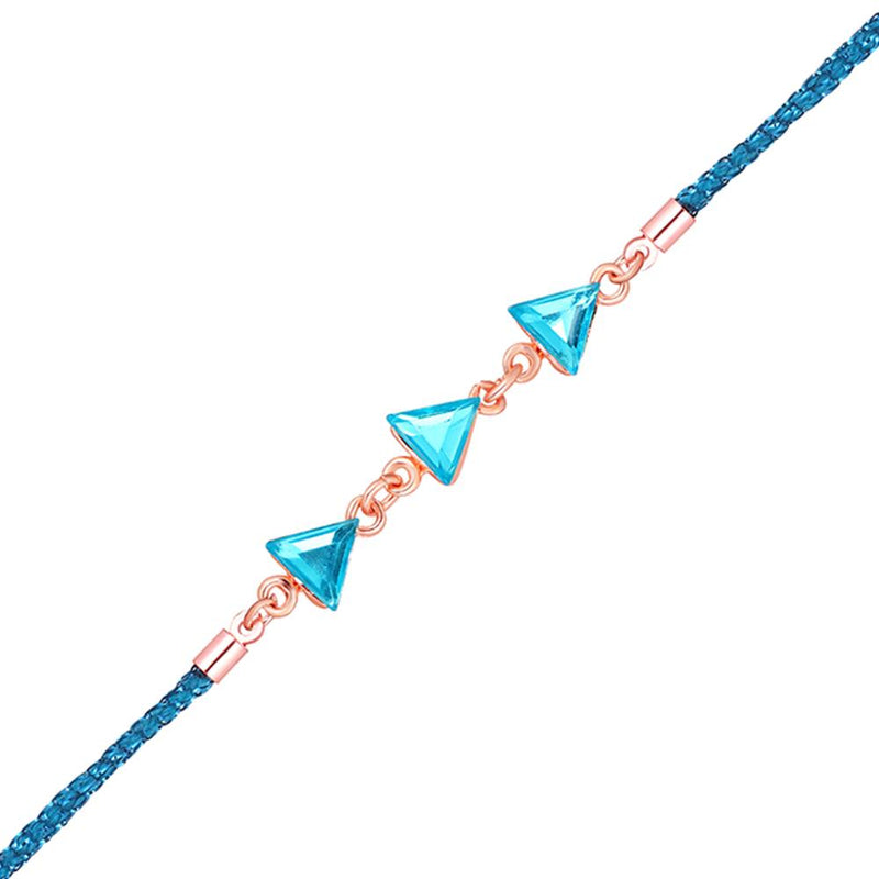 Mahi Rose Gold Plated Aqua Blue Triangle Shape Crystal Bracelet Rakhi for Bhaiya, Brother, Bhai, Bro (RA1100809ZABlu)