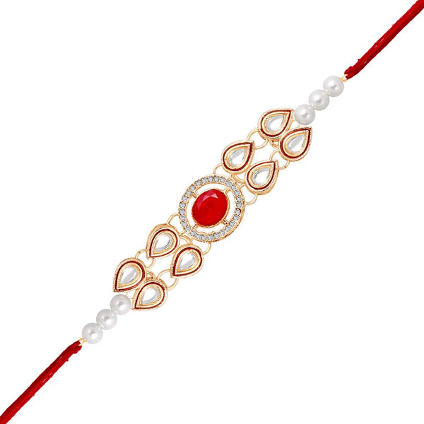 Mahi Gold Plated Classic Kundan Studded Ethnic Thread Rakhi for Brother, Bhai, Bro (RA1100813GRed)