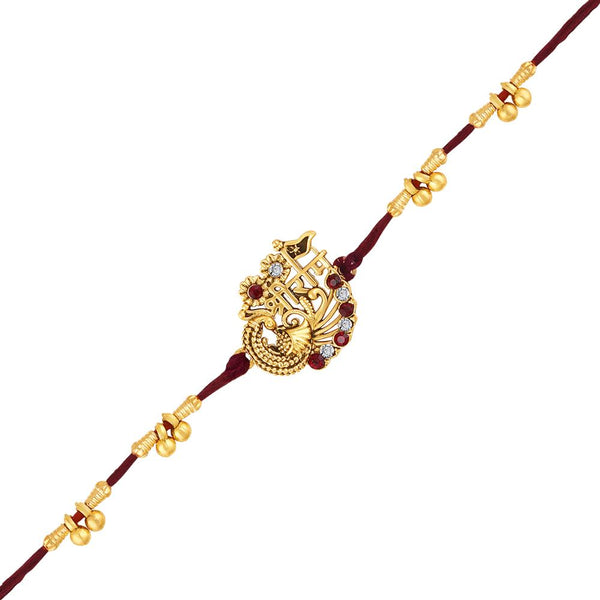 Mahi Gold Plated Peacock-Shaped and Jay Shree Ram Engraved Crystals Studded Rakhi for Brother, Bhai, Bro (RA1100819GRed)