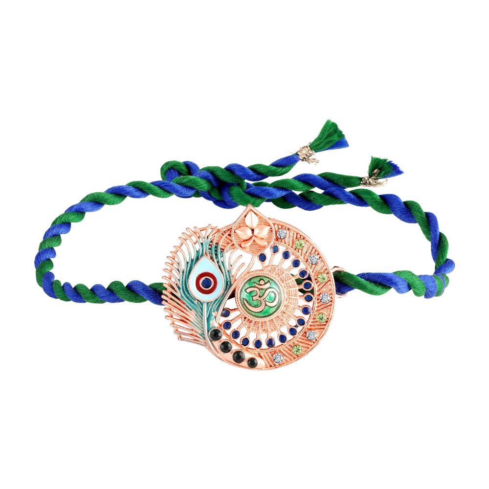 Mahi Om & Peacock-Feather-Theme Rakhi for Brother with Multicolor Crystals & Meenakari Work (RA1100829ZMul)
