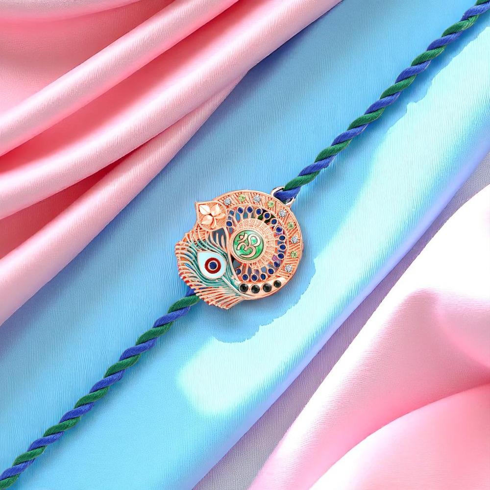 Mahi Om & Peacock-Feather-Theme Rakhi for Brother with Multicolor Crystals & Meenakari Work (RA1100829ZMul)