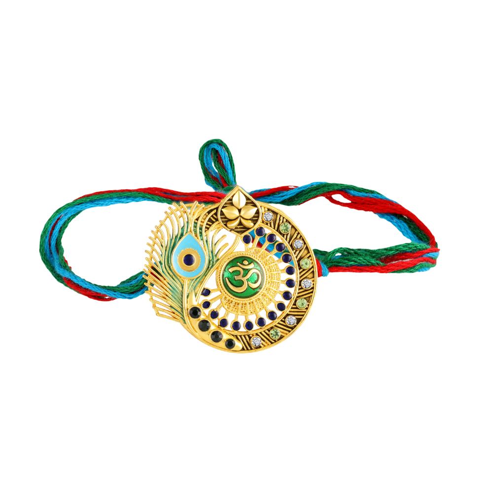 Mahi Om & Peacock-Feather-Theme Rakhi for Brother with Multicolor Crystals & Meenakari Work (RA1100830GMul)