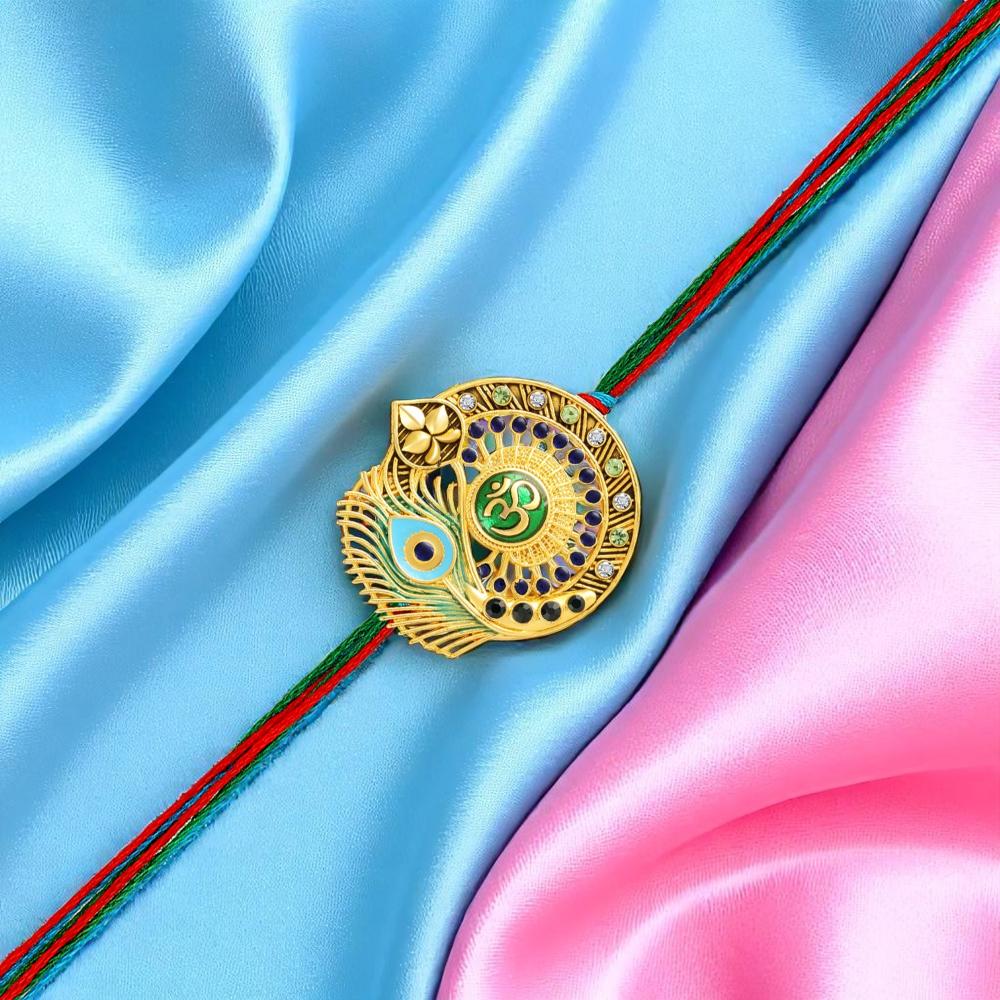Mahi Om & Peacock-Feather-Theme Rakhi for Brother with Multicolor Crystals & Meenakari Work (RA1100830GMul)