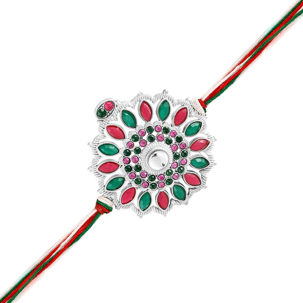 Mahi Multicolor Floral Rakhi for Brother | Silver-Toned Mandala Design with Green & Pink Stones on Tricolor Thread (RA1100832RMul)