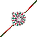 Mahi Multicolor Floral Rakhi for Brother | Silver-Toned Mandala Design with Green & Pink Stones on Tricolor Thread (RA1100832RMul)